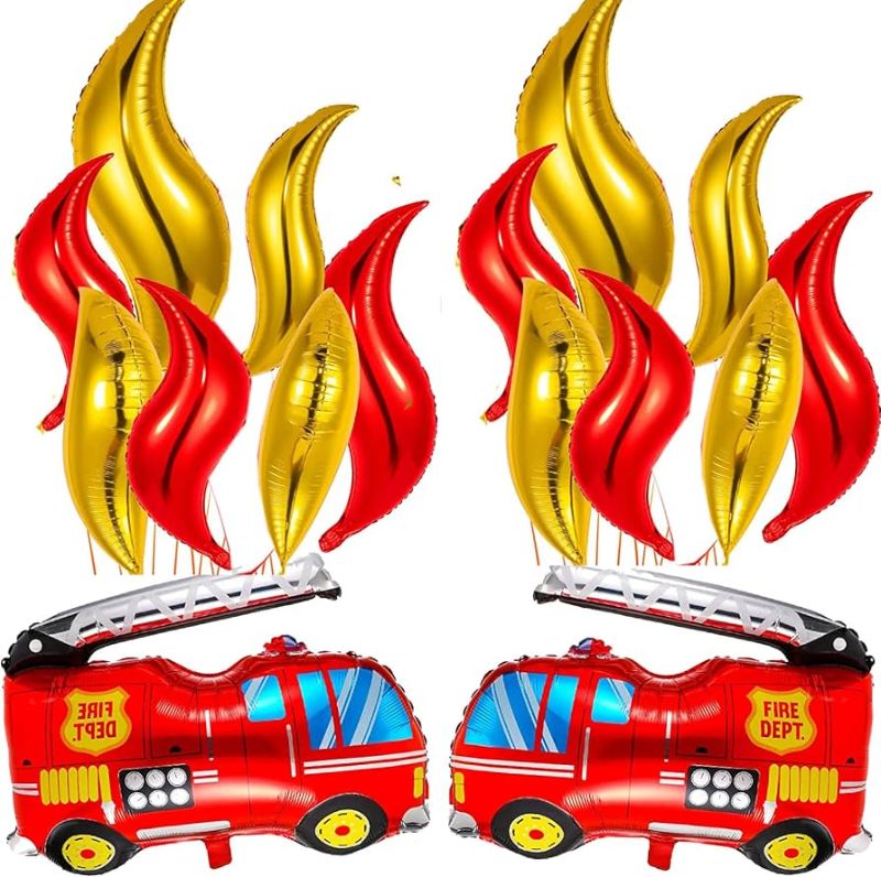 Photo 1 of Yoseklpee 12pcs Fire Truck Balloons Set Gold Red Fire Foil Balloons Fireman Balloon Large Flame Balloons Curve Foil Balloon and Jumbo Fire Truck Mylar Balloon for Firefighter Birthday Party Supplies