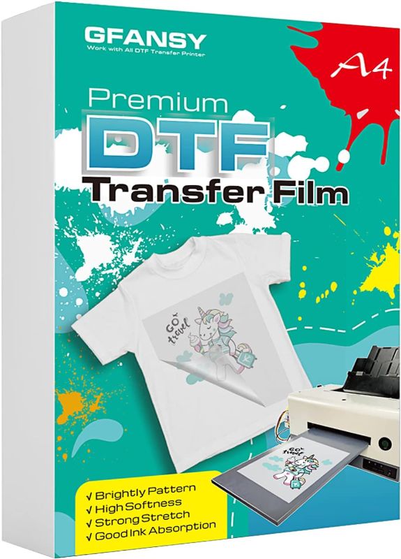Photo 1 of GFANSY DTF Transfer Film: 100 Sheets A4 Matte PreTreat PET Heat Transfer Paper, Direct to Film Print on Textile, T-Shirts, Hat, Shoe, Flags, Banners, Bags- A4 (8.3" x 11.7") 