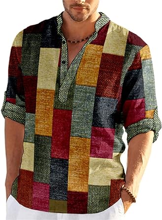 Photo 1 of QIVICIMA Men's Casual Cotton Linen Henley Shirt Long Sleeve Plaid Check Hawaiian Floral Beach T Shirts 2XL
