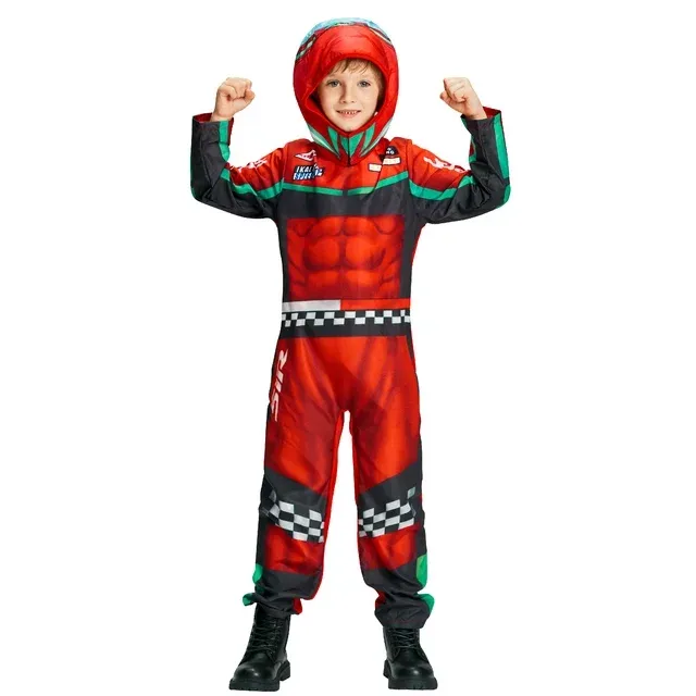 Photo 1 of WonderVegas Kids Racer Costume, Racing Driver Jumpsuit with Soft Helmet for Boys Girls Dress Up, Career Coverall Overall for Halloween Party 3-4 Years