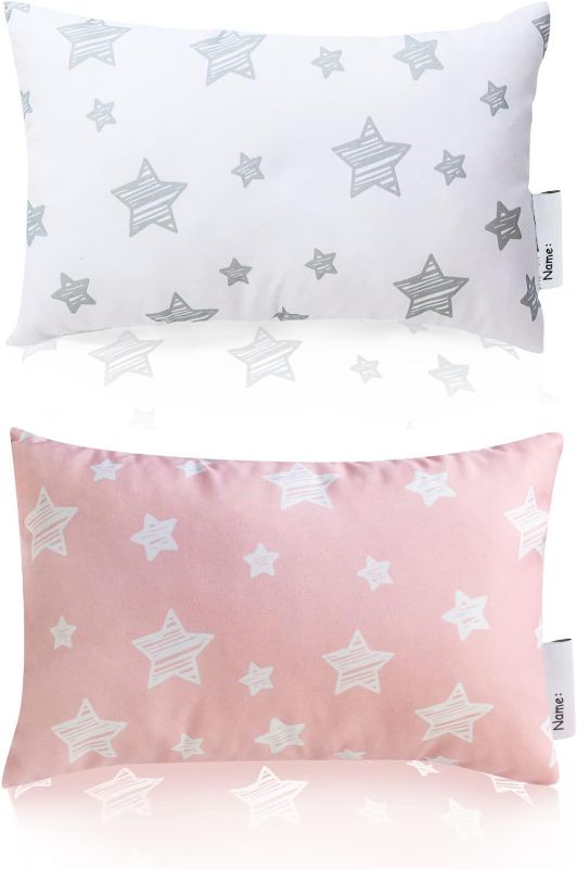 Photo 1 of Moonsea Mini Pillow with Name Tag 2 Pack, 11" x 7" x 2.5" Small Pillow for Preschool and Airplane Car Travel, Great Tiny Pillow for Kids Neck, Back, Lumbar, Knee Gap and Dogs Daycare, White and Pink 