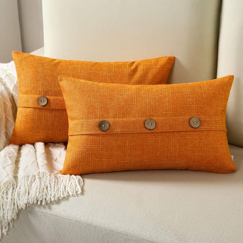 Photo 1 of FUTEI Orange Linen Decorative Throw Pillow Covers 12x20 Inch Set of 2, Rectangle Lumbar Pillowcase with Vintage Button/Zipper,Modern Farmhouse Home Decor for Couch,Bed 