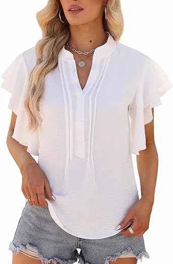 Photo 1 of MITOJOSYEER Womens Blouses and Tops Short Sleeve Business Casual Summer Ruched V Neck Ruffled Sleeve Chiffon Dressy Small