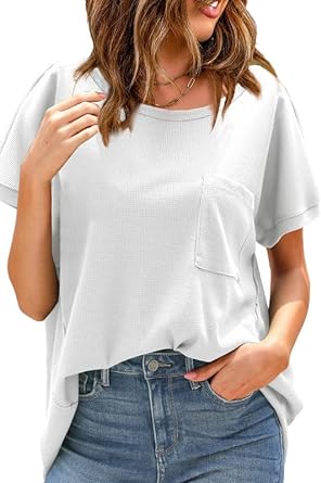 Photo 1 of SHEWIN Women's T Shirts Casual Waffle Knit Tops Loose Crewneck Short Sleeve Shirt 2XL