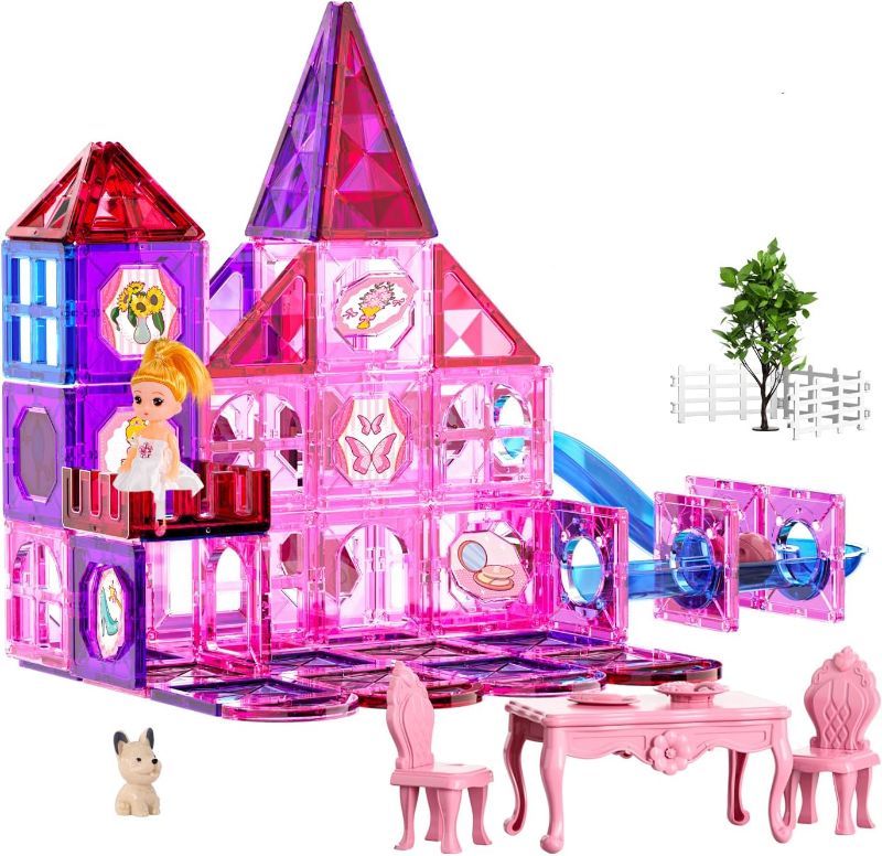 Photo 1 of 111PCS Magnetic Building Tiles with Dolls Princess House Toys for Girls, Educational Activity Preschool Birthday Gifts for 3 4 5 Year Old Girls, Building Stem Toys for Kids Toddlers Ages 3-5