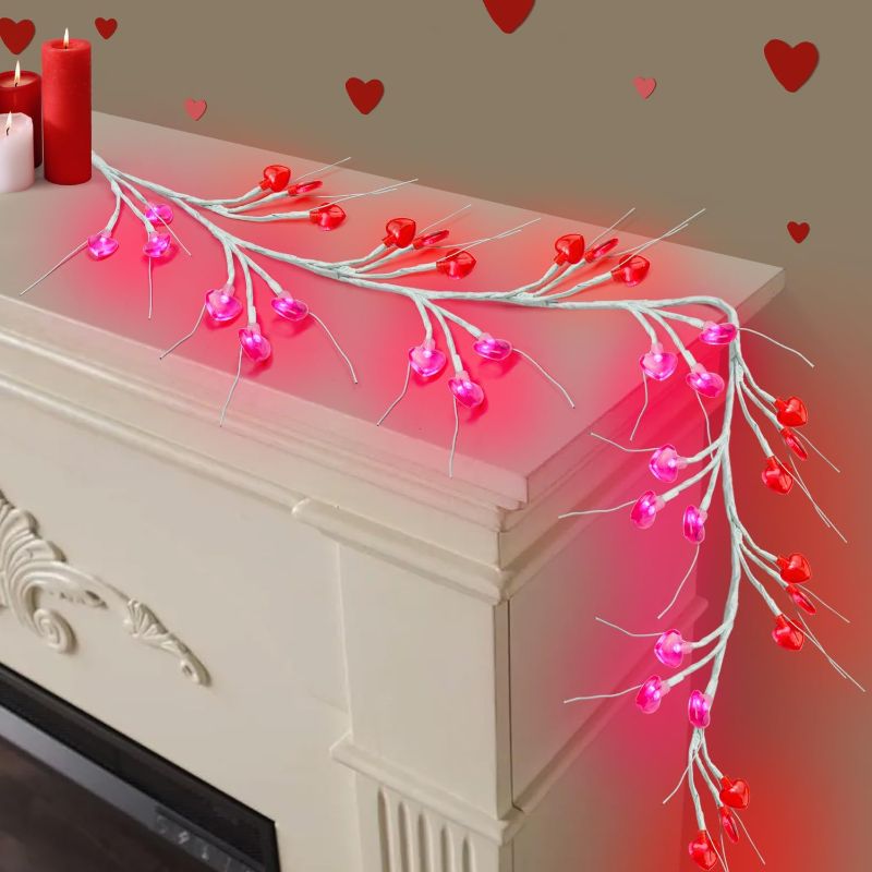 Photo 1 of [Timer & 8 Modes] 6FT Valentines Day Garland with 54 LED Heart Lights, Valentine's Day Decor Prelit Mantel Garland Battery Operated with Pink Red Lights for Wedding Party Table Wall Decorations
