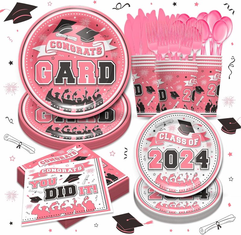 Photo 1 of Piooluialy Pink Graduation Decorations Class of 2024 - Graduation Party Supplies Include Plates, Cups, Napkins, Cutlery, College High School Graduation Party Decorations | 24 Guests 
