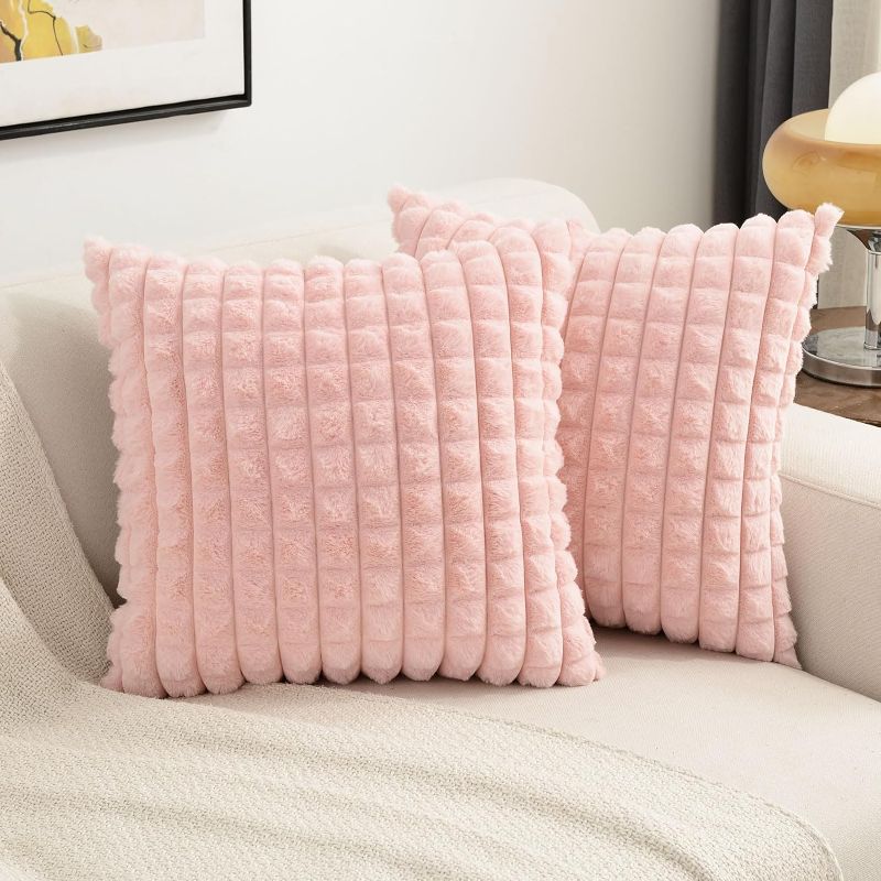 Photo 1 of FUTEI Pink Decorative Throw Pillow Covers 26x26 Inch Set of 2,Square Cushion Case,Soft Fluffy Faux Rabbit Fur Plaid/Cozy Velvet,Euro Pillow Shams,Modern Home Decor for Couch Bed 