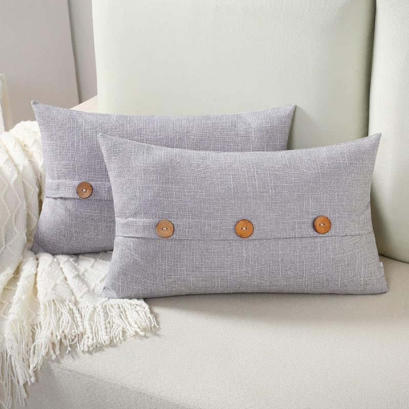 Photo 1 of Light Grey Linen Decorative Throw Pillow Covers 12x20 Inch Set of 2, Rectangle Lumbar Pillowcase with Vintage Button/Zipper,Modern Farmhouse Home Decor for Couch,Bed
