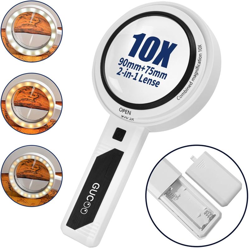 Photo 1 of GUCOO Magnifying Glass with Light for Close Work 5X 10X Handheld Lighted Magnifier for Reading Jeweler Senior 32 Led Illuminated Small Portable Hand Held Magnifying Lens for Jewelry Coins White 