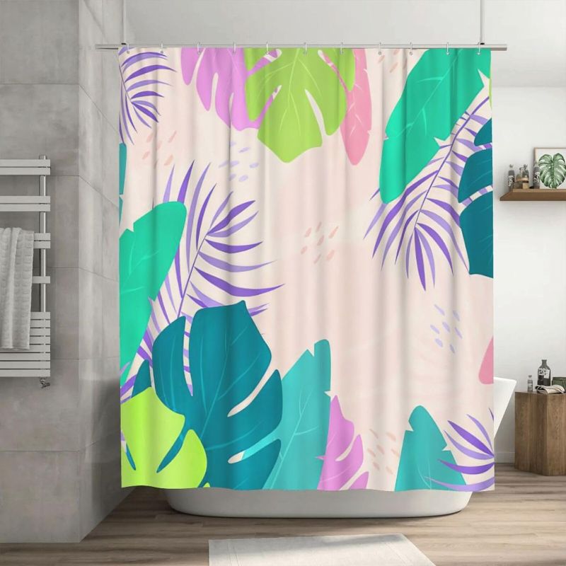 Photo 1 of Yibuda Boho Colorful Botanical Plant Shower Curtain Minimalist Tropical Leaf Shower Curtain Fabric Polyester Waterproof Bohemia Modern Bathroom Curtains with Hooks 60x72 in