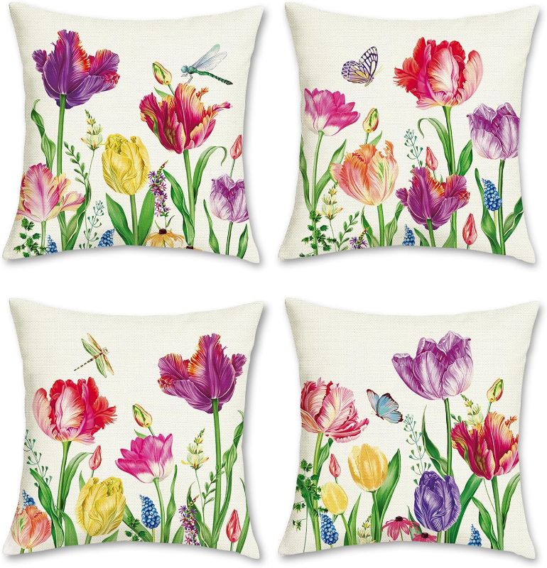 Photo 1 of wyooxoo Throw Pillow Covers 16x16 Set of 4 Decorative Pillow Covers Linen Tulip Floral Farmhouse Cushion Case for Sofa Couch Outdoor Living Room (16 x 16-Inch, Color A)