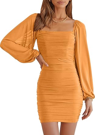 Photo 1 of ANRABESS Women's Square Neck Mesh Long Sleeve Ruched Bodycon Mini Dress Party Club Cocktail Short Dresses XL