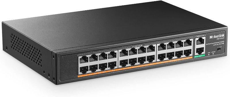 Photo 1 of MokerLink 24 Port PoE Switch with 2 Gigabit Uplink Ethernet Port, 400W High Power, Support IEEE802.3af/at, Rackmount Unmanaged Plug and Play PoE+ 