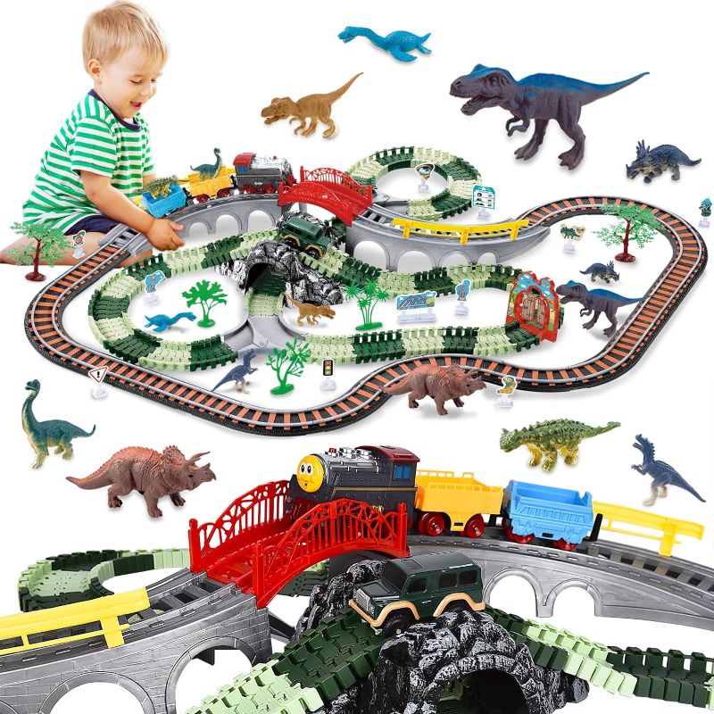 Photo 1 of JONRRYIN Dinosaur Train Track Set, 2 in 1 Dino Race Car Track, 259 pcs Flexible Dinosaur Track Toys Set with 4 Dinosaurs Toys, Electric Train Set with Car Toy & Sound Train Toys for Children Aged 3-6 