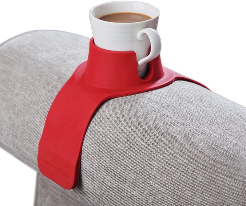 Photo 1 of CouchCoaster - The Original and Patented Armrest Couch Cup Holder – A Weighted, Silicone, Anti Slip Coaster Stops Spills On Your Sofa, Arm Chair Or Recliner and Keeps Drinks Within Reach, Rosso Red 
