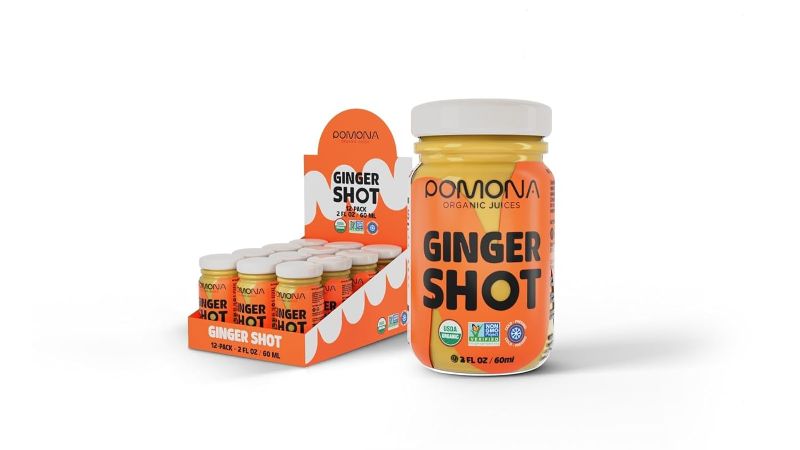 Photo 1 of Pomona Organic Juices Ginger Shot (Pack of 12), Kosher, Non GMO, Cold-Pressed, 2 oz Glass Bottles
