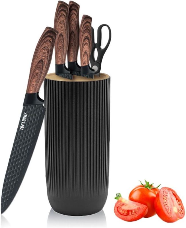 Photo 1 of Limited-time deal: Knife Set, 6-Piece Black Professional Kitchen Knife Set for Chef, Super Sharp Knife Set with Universal Knife Block, Anti-Rust Stainless Steel Kitchen Knife Block Set, Ergonomical Design (Black) 
