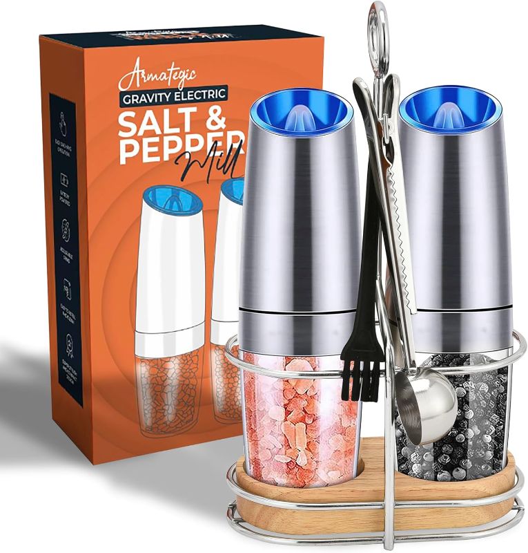 Photo 1 of ARMATEGIC Automatic Electric Salt and Pepper Grinder Set - Larger Capacity | Stainless Steel, Refillable Grinders with Led Lights & Adjustable Coarseness | Battery Powered Salt Grinder Set (Pack of 2) 