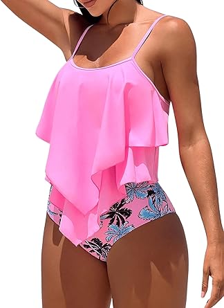 Photo 1 of SOLY HUX Women's Tropical Print Tankini Set Ruffle Flounce Bikini Bathing Suits 2 Piece Swimsuit Small