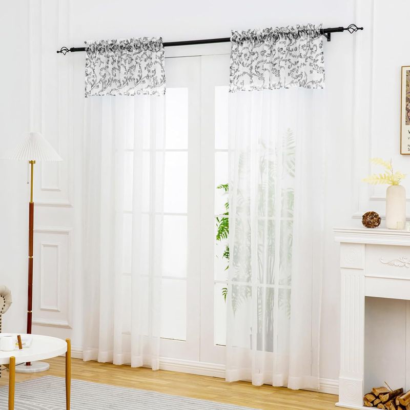 Photo 1 of L.Z.E Grey and White Sheer Curtains 63 Inch Length for Living Room 2 Panels Set Rod Pocket Transparent Light Filtering Voile Curtain for Bedroom Patterned Sheer Curtains with Design 