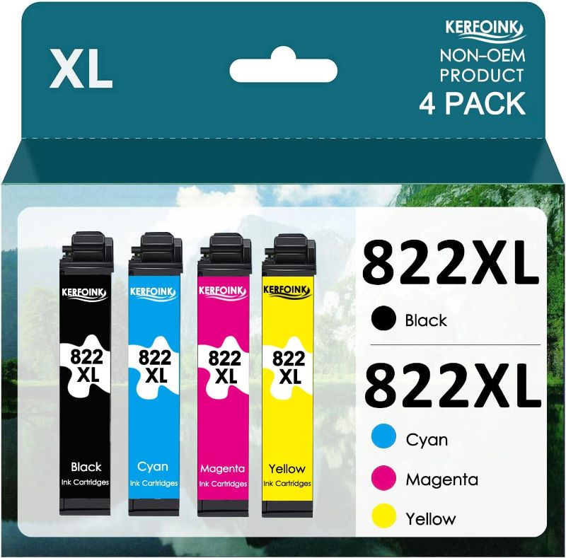 Photo 1 of KERFOINK 822XL Ink Cartridges Replacement for Epson 822 Ink Cartridges 822 XL T822XL for Workforce Pro WF-3820 WF-4820 WF-4830 WF-4833 Printer (1 Black,1 Cyan,1 Magenta,1 Yellow)