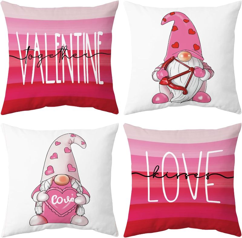 Photo 1 of Valentines Day Pillow Covers 18x18 Set of 4 Valentine Gnomes Pink Stripes Cushion Decorative Throw Pillow Covers Sofa Couch Anniversary Wedding Valentine Home Decor