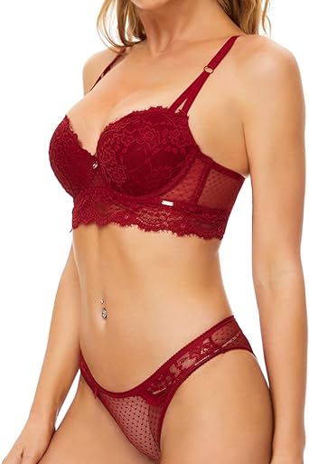 Photo 1 of SHEKINI Women's Underwire Bra and Panty Set Two Piece Lace Lingerie Set Floral Lace Embroidered 34/75C