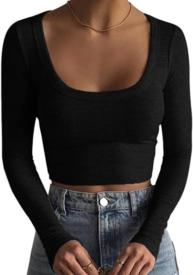 Photo 1 of ANGGREK Women 's Short Sleeve Square Neck Ribbed Knit Cropped T Shirt Slim Fit Casual Basic Y2k Tops Medium