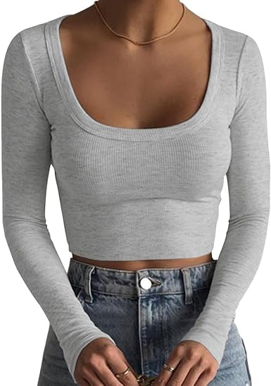 Photo 1 of ANGGREK Women 's Short Sleeve Square Neck Ribbed Knit Cropped T Shirt Slim Fit Casual Basic Y2k Tops Small