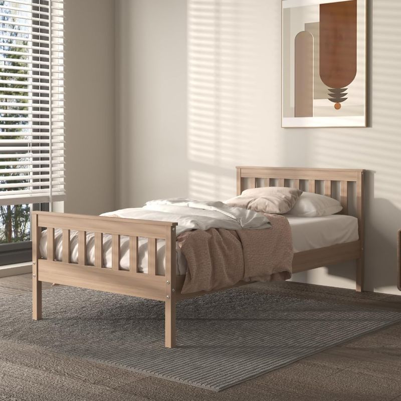 Photo 1 of (( WE ONLY BOX  1 OF 2 , WE DONT HAVE BOX 2 OF 2 ))) Twin Bed Frames with Headboard, Solid Wooden Platform Bed with Corner, Modern Low Profile Bed Frame, No Box Spring Needed, Oak
