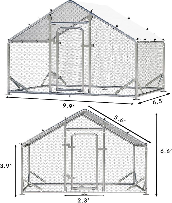 Photo 2 of LEMBERI Metal Chicken Coop Spire Roof Walk in Chicken Run Pen for 6 Chickens, Galvanized Rabbits Duck Poultry Cage with Waterproof Cover for Outdoor,Backyard and Farm
