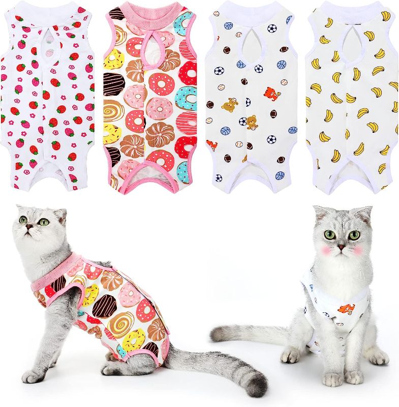 Photo 1 of 4 Pieces Cat Recovery Suits Cotton Recovery Body Wraps Breathable Kittens Recovery Clothes for Cats Small Dogs Abdominal Recovery Weaning (Banana, Football, Strawberry, Donut,M) https://a.co/d/1dmzZxw