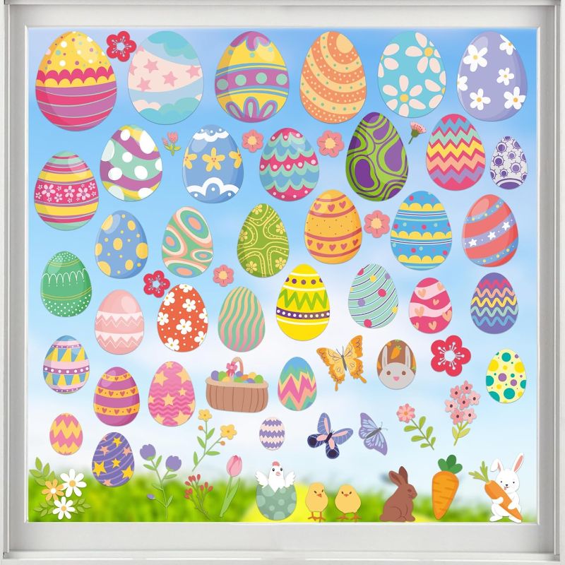 Photo 1 of 124Pcs/8 Sheets Easter Window Clings Decorations Stickers Colorful Easter Eggs Double Sided Reusable for Glass Windows Static Stickers, Spring Window Clings Party Supplies Gifts for Kids School Home https://a.co/d/28NMq07