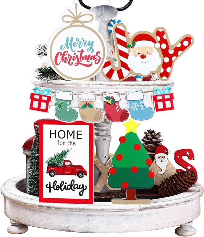 Photo 1 of 10 Pieces Christmas Tiered Tray Decor Winter Wooden Tabletop Signs Rustic Merry Christmas Wood Block Xmas Joy Red Truck Decor for Xmas Tree Farmhouse Home Party Decoration (Santa Claus) https://a.co/d/aIcpM63