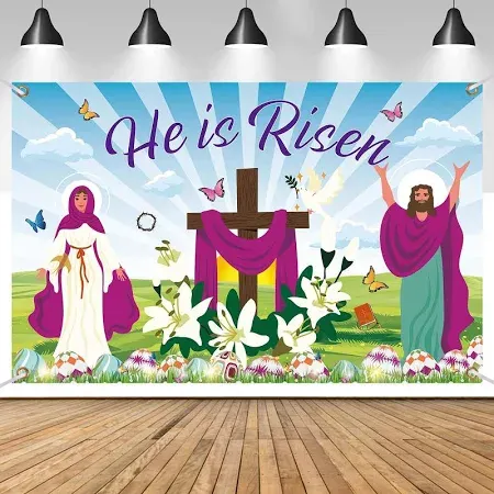 Photo 1 of Ledander 71×43 inch Spring Christian Backdrop Banner Decorations - He is Risen Religious Cross Extra Large Background Banner Party Supplies for Easter Christian Party Decoration (Style-A) https://a.co/d/1o86yyP