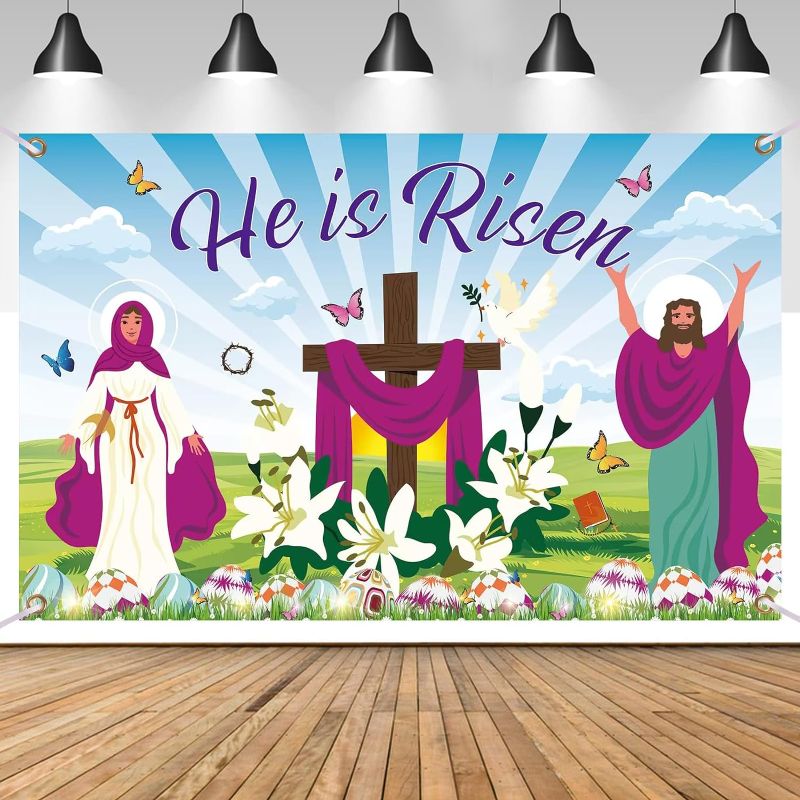 Photo 1 of 71×43 inch Spring Christian Backdrop Banner Decorations - He is Risen Religious Cross Extra Large Background Banner Party Supplies for Easter Christian Party Decoration (Style-A)
