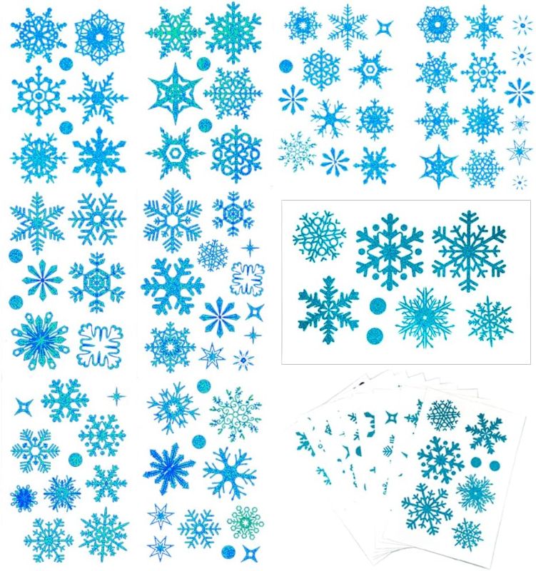 Photo 1 of 9 Sheets Glitter Blue Snowflake Window Clings Decals Christmas Glass Static Stickers for Xmas Holiday Winter Decoration
