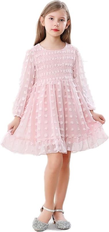 Photo 1 of Girls Chiffon Dress Swiss Dot Solid Pom Poms Flutter Ruffle Skirt Hem Long Sleeve Lace Frocks 5-13T Girl Casual Dresses https://a.co/d/hZugOBY