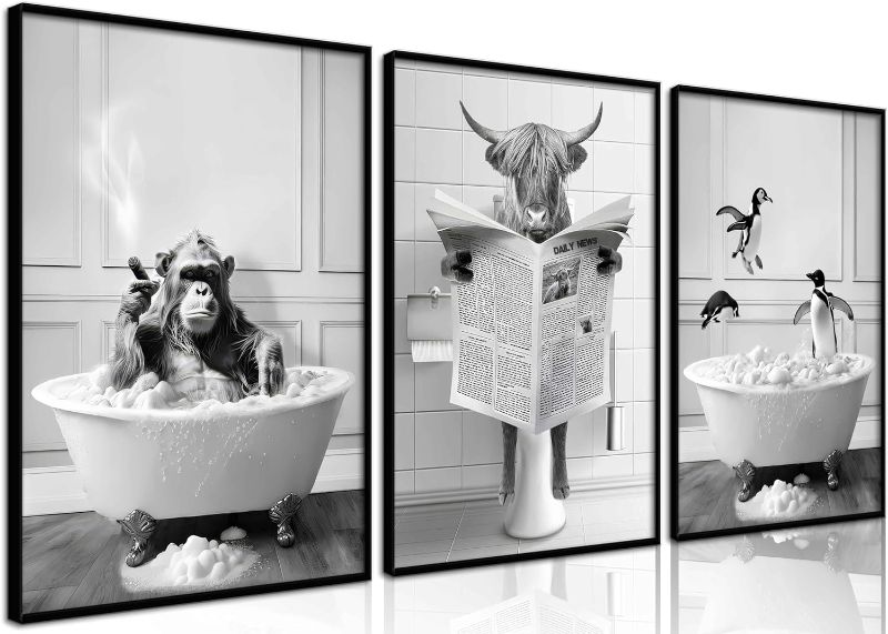 Photo 1 of  Animals Bathroom Wall Art Funny Highland Cow Sitting on Toilet Reading Newspaper Posters Pictures Monkey Penguin in Tub Bath Paintings Rustic Farmhouse Canvas Prints for Wall Decor Unframed https://a.co/d/6e1oU6n