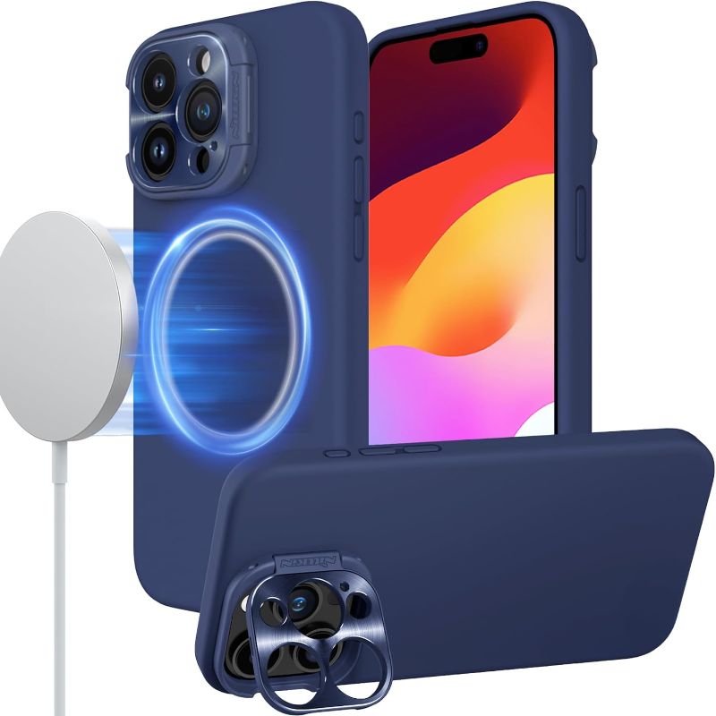 Photo 1 of Nillkin for iPhone 15 Pro Case Silicone Upgraded[Compatible with MagSafe][Innovation Metal Camera Invisible Stand] Military Grade Protection Shockproof Phone Case for iPhone 15 Pro 6.1'' Blue https://a.co/d/dJxHQkR