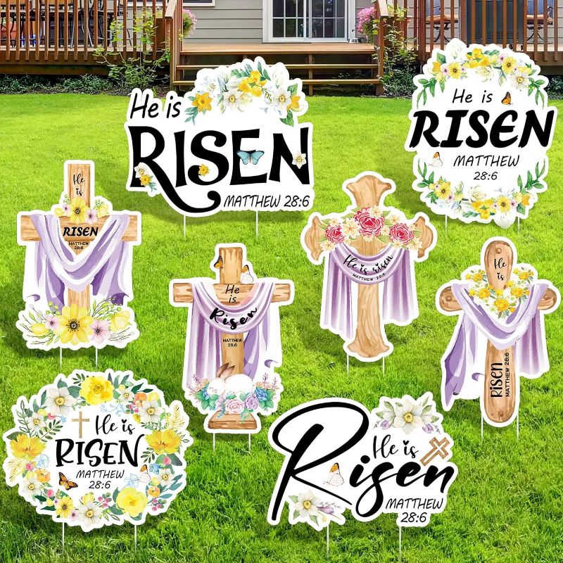 Photo 1 of GlikCeil 8 Pcs Easter Yard Sign Outdoor Decorations He Is Risen Yard Sign with Stakes Religious Yard Signs Waterproof Christian Spring Cross Garden Signs for Outdoor Yard Lawn Easter Decor https://a.co/d/dHllZ6C