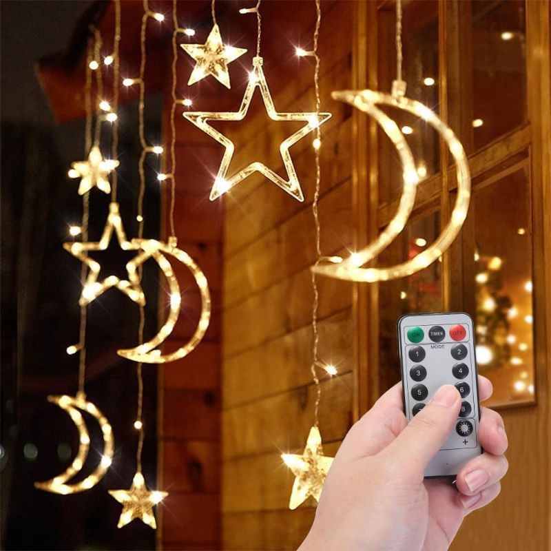 Photo 1 of 120 LEDs Curtain Lights, 11.5FT Moon Star Window Fairy String Lights, USB and Battery Powered for Indoor Kid Bedroom, Patio, Front Porch, Camping, Guest Room Decoration (Warm White + Remote Control) https://a.co/d/fg6VcDb