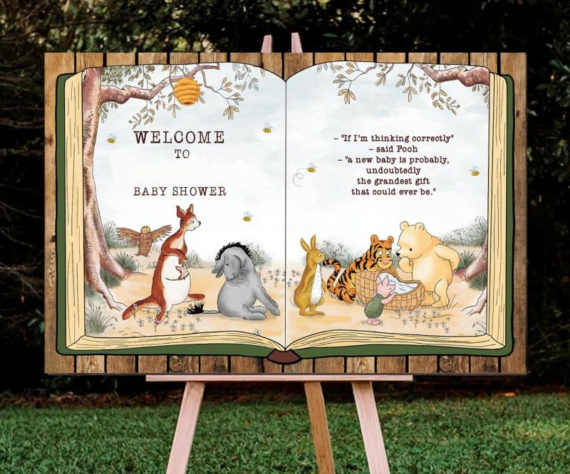 Photo 1 of Classic Pooh Baby Shower Welcome Sign Personalized Winnie Birthday Decorations Cute Entrance Door Decor Centerpiece 11.8 x 17.7 Inch
