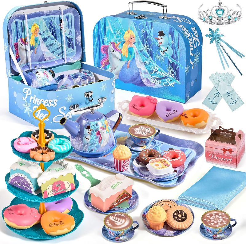 Photo 1 of Golray Tea Party Set for Little Girls Frozen Toys Inspired Elsa Princess Gift, 49Pcs Kid Tin Tea Set & Luxury Food Playset & Carry Case, Kitchen Pretend Play Toy 3-5 Years Toddler Girls Birthday Gift https://a.co/d/gUlg9qs