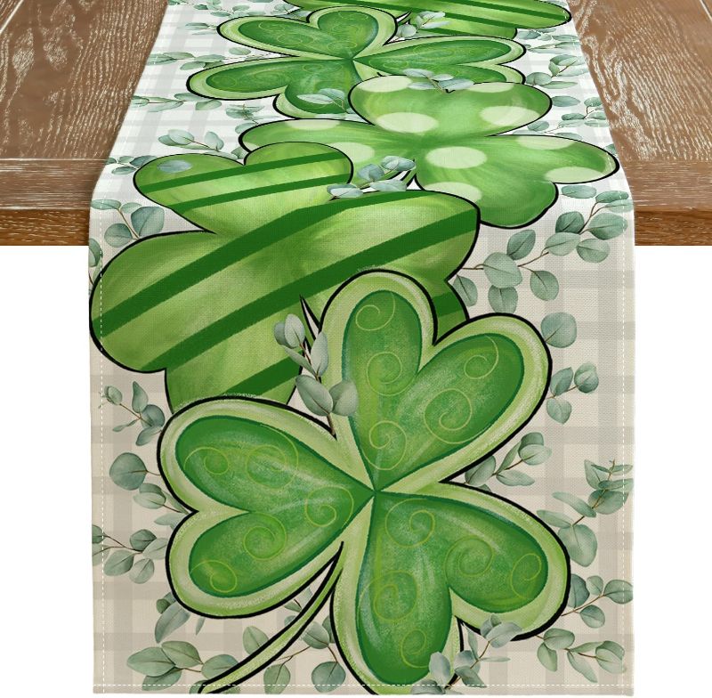 Photo 1 of ARKENY St Patricks Day Table Runner 13x90 Inches, Green Shamrock Spring Seasonal Farmhouse Buffalo Plaid Burlap Indoor Kitchen Dining Table Decorations for Home Party AT386-90
