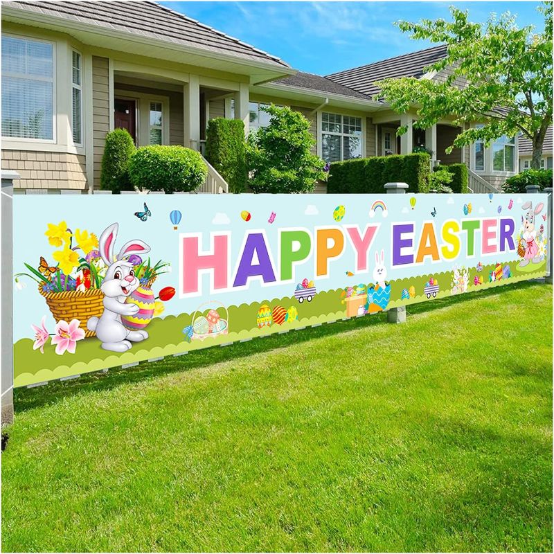 Photo 1 of Happy Easter Banners Easter Banners for Outside Garden, Large Long Spring Bunny Easter Banner Egg Hunt Decorations Butterfly Flower for Indoor Easter Theme Party Rustic Lawn Sign https://a.co/d/9Q1XHqB