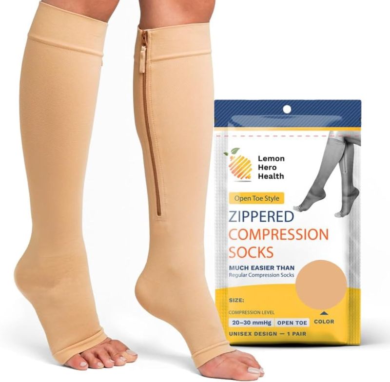 Photo 1 of Lemon Hero Medical Compression Socks - Open Toe 20-30 mmHg Zipper Compression Stockings for Men and Women – Lightweight compression socks for Pregnant Women & Nurses – Small-Short, Beige [1 Pair]