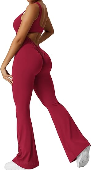 Photo 1 of Women Workout Flare Jumpsuits Sexy Backless Gym Gym Bodycon Scrunch Butt Yoga Rompers V Back Lizvette Size XL