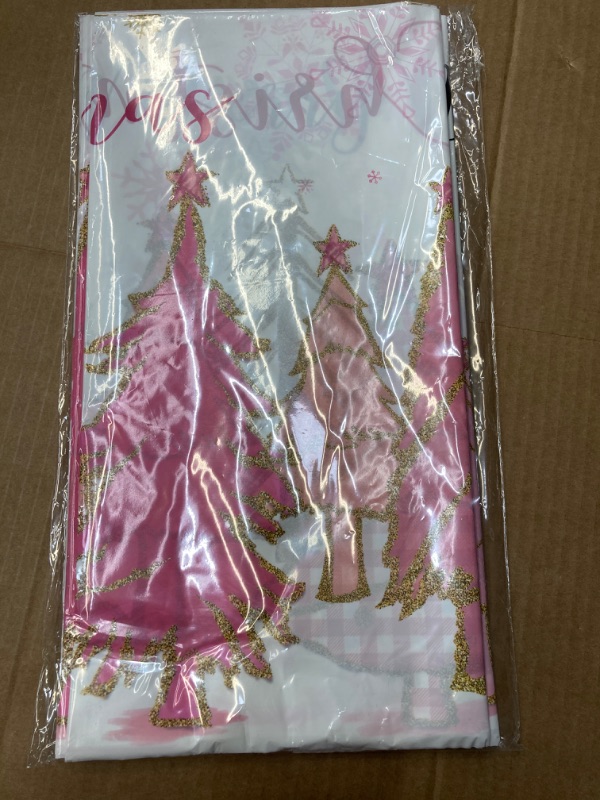 Photo 3 of 3 Pcs Pink Christmas Tree Plastic Table Covers Merry Christmas Tablecloth Winter Holiday Tablecloth Merry Christmas Table Cover for New Year Themed Party Decorations, 54 x 108 Inch